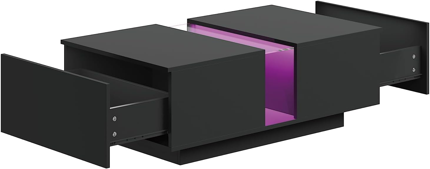 HedoAjim Black Led Coffee Table for Living Room, Rectangular Living Room Table with Storage, Acrylic Coffee Tables with 2 Sliding Drawers, Wood Center Table for Reception Dinning Room