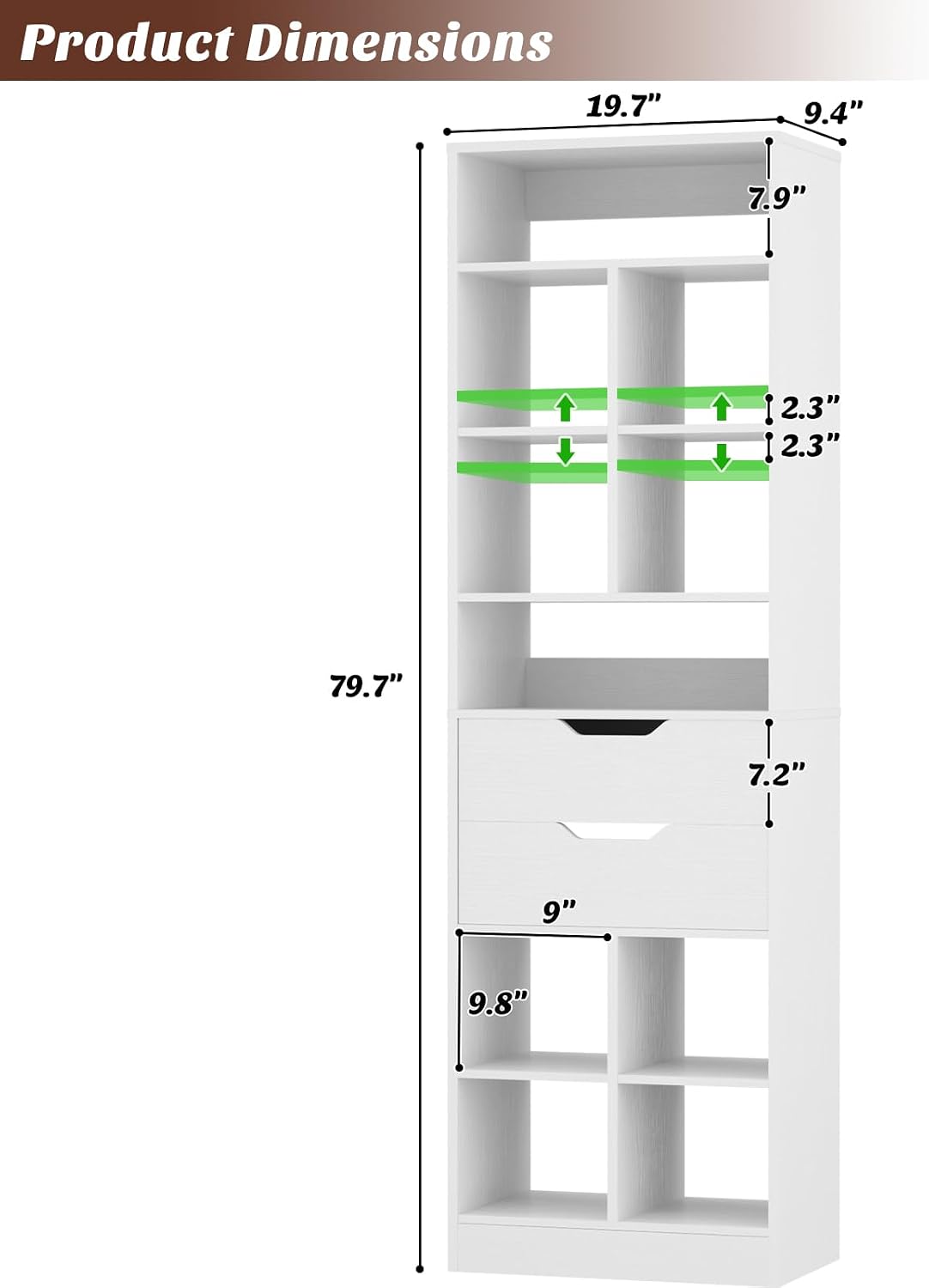 Armocity 9-Tier Tall Bookshelf with 2 Drawers, 79.7' Narrow Freestanding Bookcase, Space-Saving Wood Display Shelves Storage for Living Room, Home Office Bedroom, White