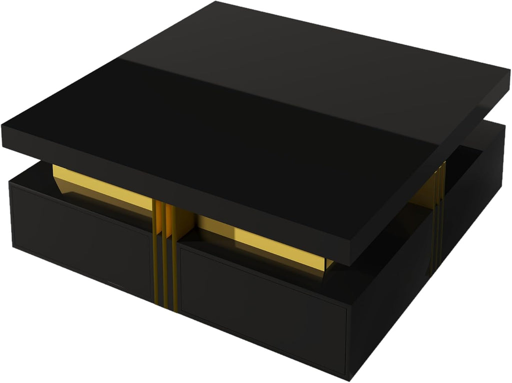 Merax 43.3' Modern Glossy Square Storage Coffee Table with 4 Drawers, Gold Accents, Functional Center Tables for Living Room Apartment, Glossy Black