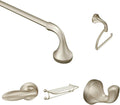 Bundle of Moen Eva Brushed Nickel 18' Wall-Mounted Single-Towel Bar, YB2818BN, Robe Hook, YB2803BN, Single Post Toilet Paper Holder, YB2808BN, 26' Wide Towel Shelf, YB2894BN, and Tank Lever, YB2801BN