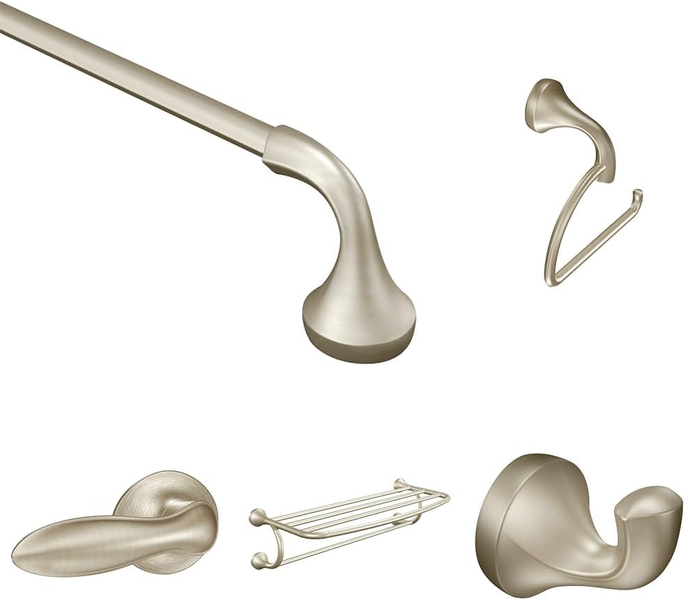Bundle of Moen Eva Brushed Nickel 18' Wall-Mounted Single-Towel Bar, YB2818BN, Robe Hook, YB2803BN, Single Post Toilet Paper Holder, YB2808BN, 26' Wide Towel Shelf, YB2894BN, and Tank Lever, YB2801BN