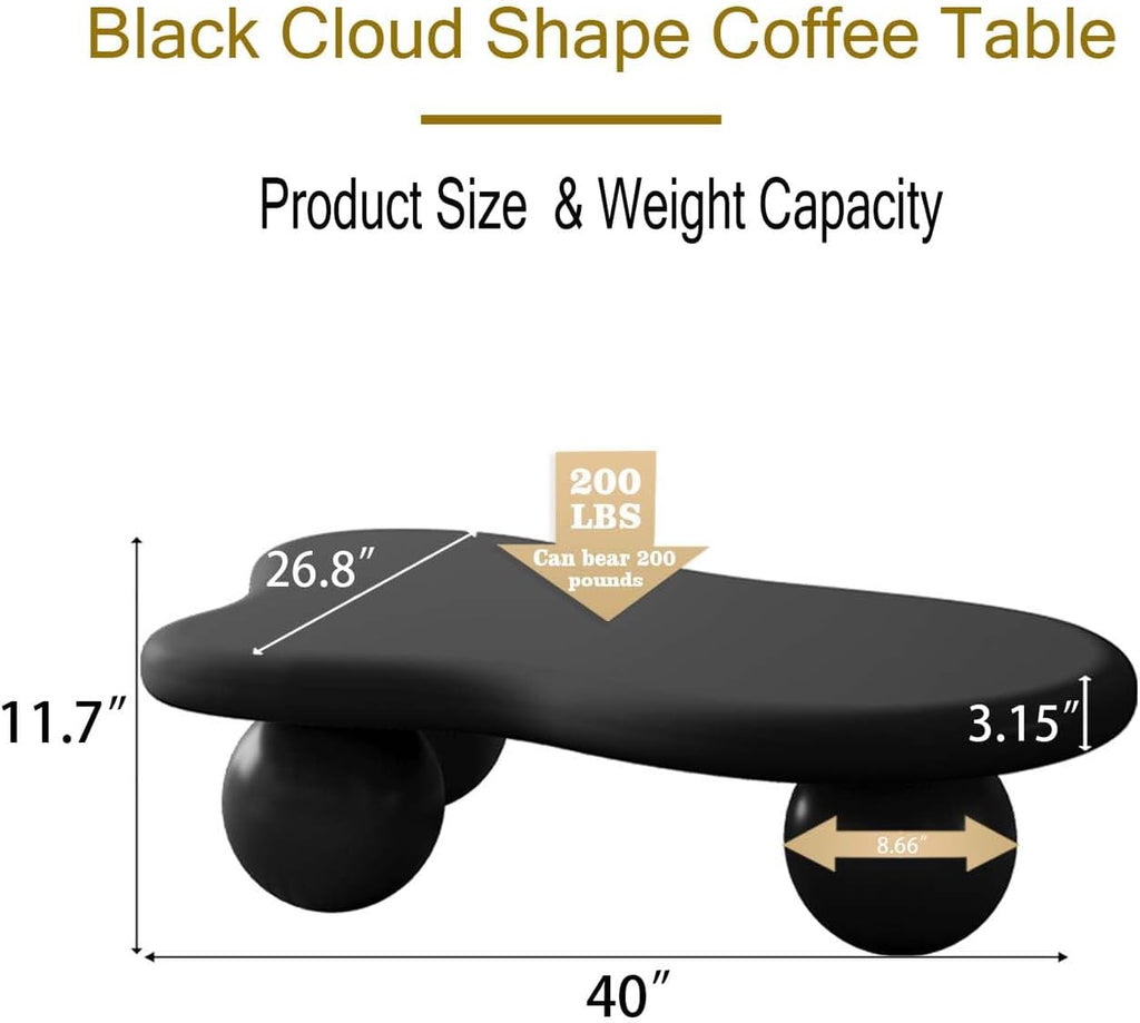 40' Black Modern Coffee Table Cloud Shape Low Center Table with 3 Ball Legs Cute Irregular Indoor Tea Table for Living Room Small Space