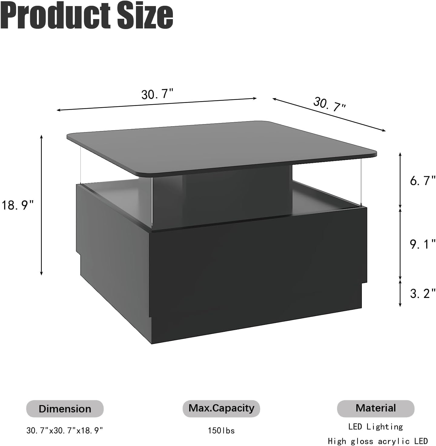 HedoAjim Square Coffee Tables with Storages, Modern Coffee Table for Living Room, Black Round Coffee Tables and 2 Spacious Drawers, Coffee Table with LED Light