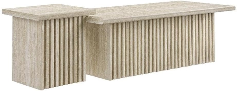 Modway Render Faux Travertine Slatted Nesting Coffee Table Set in Travertine - 2 Piece Low Profile Coffee Table Mid Century Modern - Abstract Coffee Tables for Living Room - Nested Accent Tables