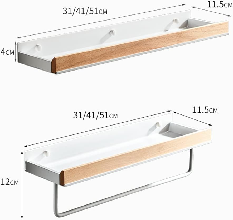 Shower Caddy Solid Wood Shower Caddy Shelf Organizer Towel Bar, Bathroom Wall Mounted Cosmetic Storage Rack Bathroom Organizer，White 50cm with Rod