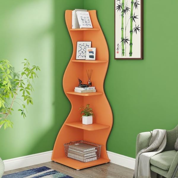 Storage Shelves Unit 5-Tier Shelf, Corner Shelving for Bedroom, Freestanding Decorative Ladder Etagere Organizer, Narrow Bookshelf, Bathroom Storage, Decorative Etagere for Plant Stand (Orange)