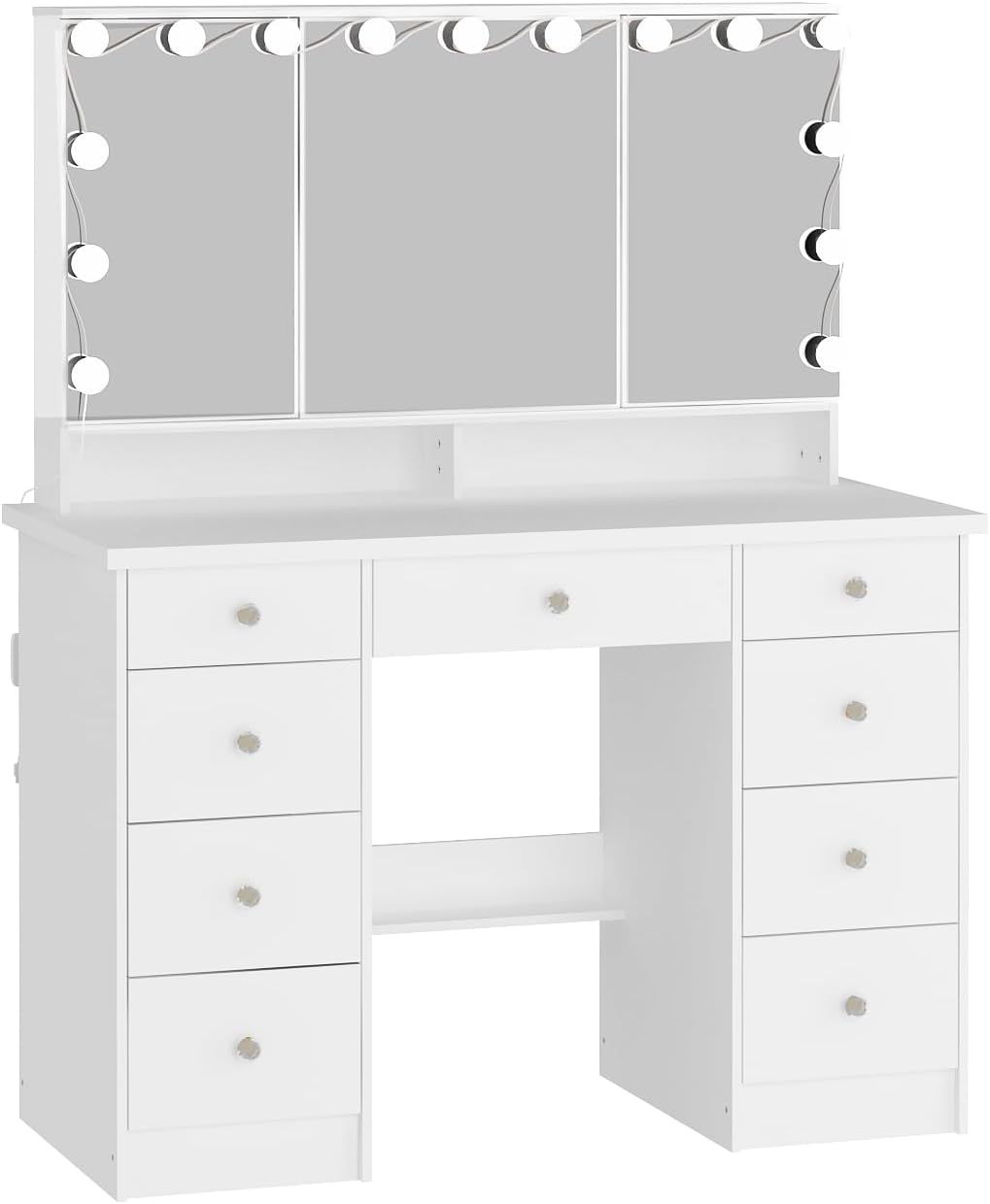 Timechee Vanity Mirror with Lights, Makeup Corner Vanity Desk Set with 9 Storage Drawers, 4 Large Shelves, 3 Color Lighting Options, Small Bulbs for Bedroom, White