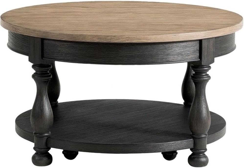 Pemberly Row Wood Coffee Table, 32' W x 32' D x 18' H, Poplar Solid and Ash Veneer, Antique Oak and Matte Black Finish, Fixed Bottom Shelf, Hand-Chiseled V-Grooves, Living Room Furniture
