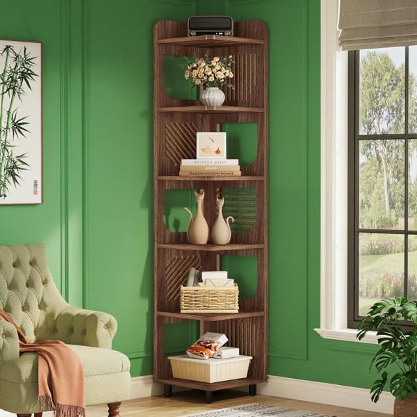 Storage Shelves Unit 5-Tier Shelf, Corner Shelving for Bedroom, Freestanding Decorative Ladder Etagere Organizer, Narrow Bookshelf, Bathroom Storage, Decorative Etagere for Plant Stand (Wood Color)