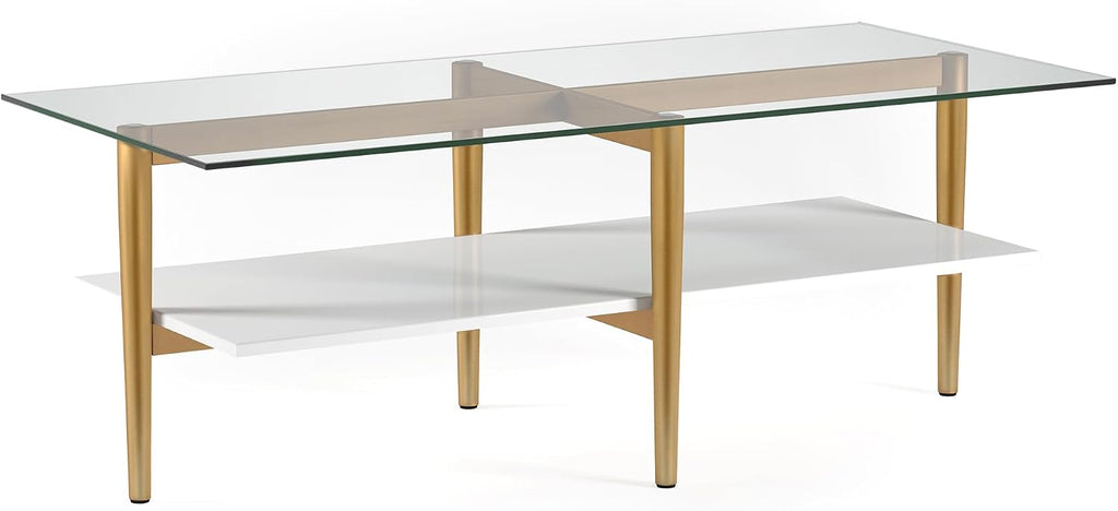 Henn&Hart 47' Wide Rectangular Coffee Table with MDF Shelf in Brass and White Lacquer, for Home, Living Room, Bedroom, Entertainment Room, Office