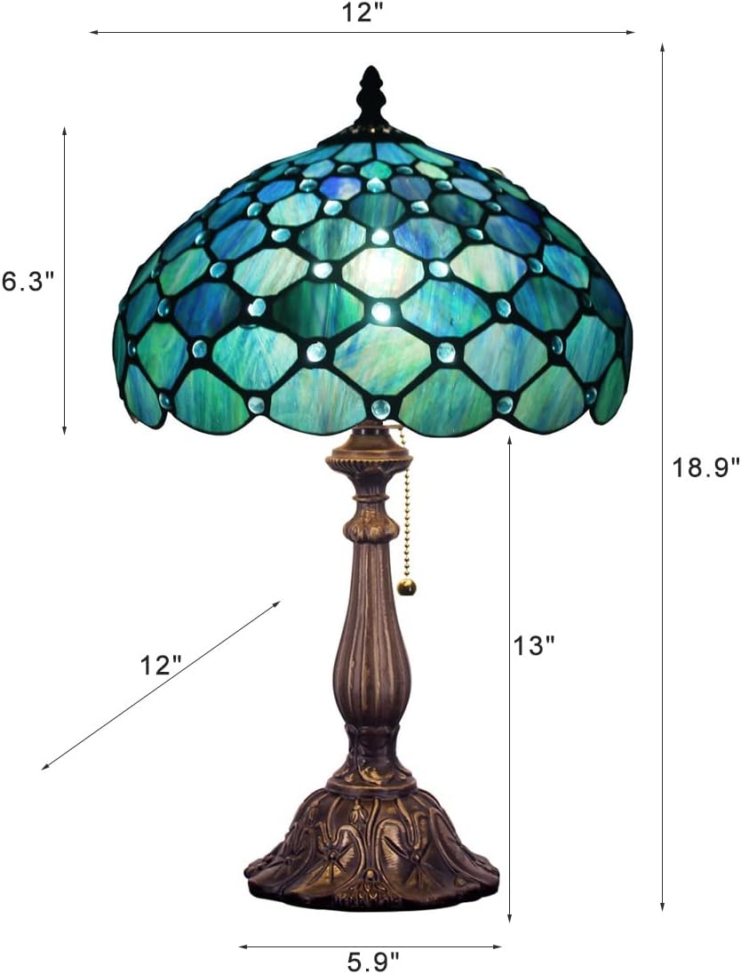 Tiffany Table Lamp Stained Glass Lamp 12X12X19 Inch Antique Reading Light (Sea Blue Pear)