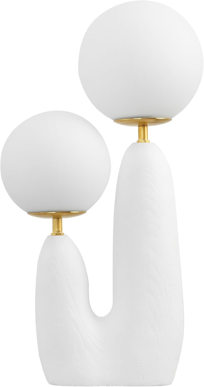 JONATHAN Y 17.75' White/Brass Gold Modern Bohemian Danish Cactus LED Table Lamp, 2-Light Mid-Century Minimalist Desk Light for Bedroom Living Room, Frosted Glass Globe Shades (JYL4065B)