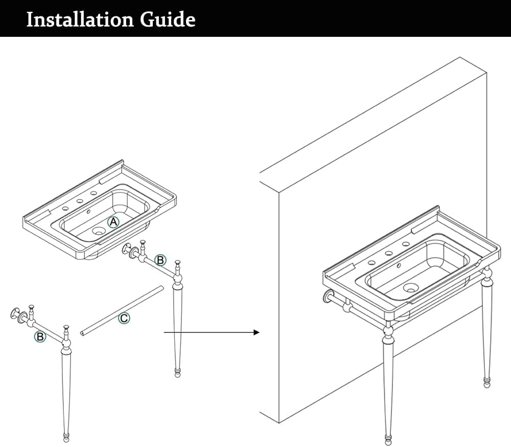 28' Bathroom Console Sink, Wall-Mounted White Ceramic Vanity Basin with 3 Pre-drilled Faucet Holes, Freestanding Gold Stainless Steel Support Legs with Towel Bar, No Faucet - Rome, White