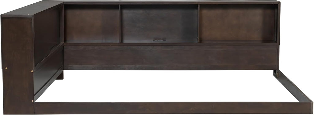 MERITLINE Queen Size Corner Bed Frame with Storage Bookcase & Shelves, Wood L-Shaped Daybed with LED Lights, USB Ports and Headboard, No Slats, Brown