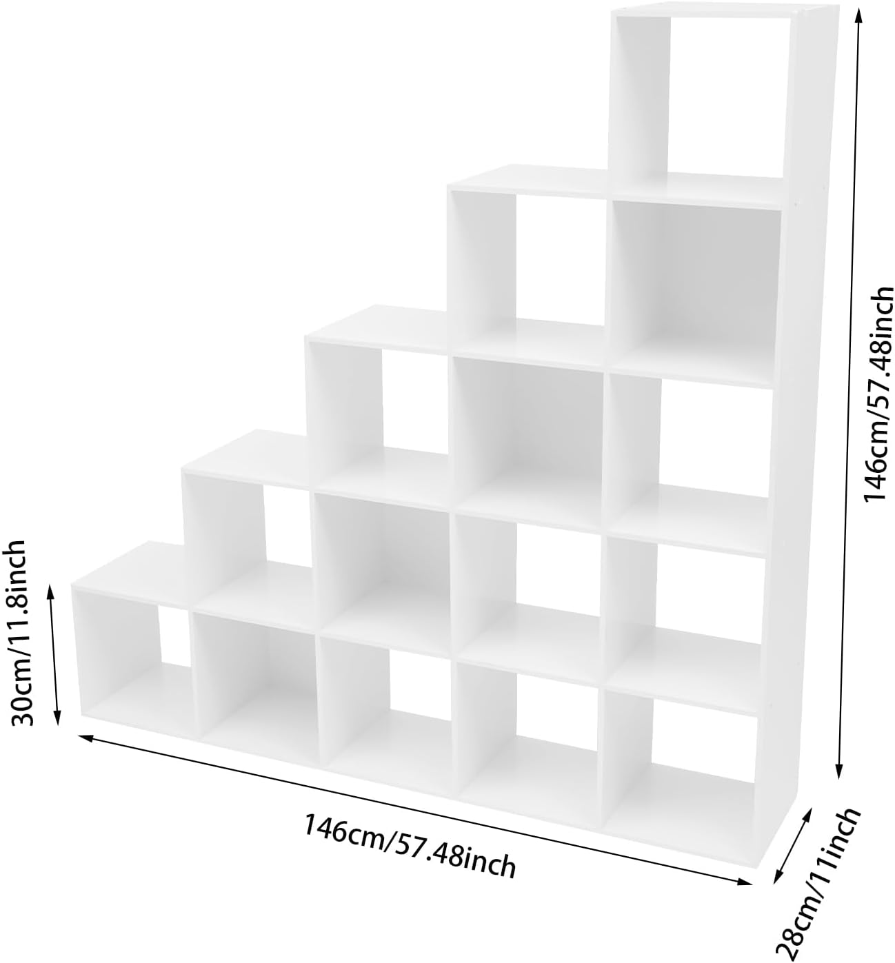 Ladder Cube Storage Bookcase 15-Cube Organizer for Home & Office L-Shaped Corner Shelf Freestanding L-Shaped Stepped Bookcase for Living Room Bedroom (White, 15-Cube)