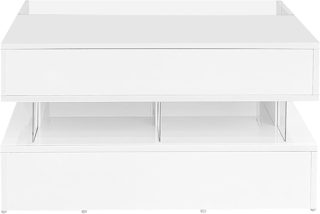 High Gloss LED Square Coffee Table 29.5-Inch Modern Lift-Top Center Cocktail Table with Storage & Glass Top for Living Room, White