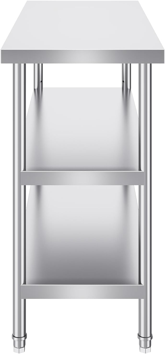 VEVOR Stainless Steel Food Prep Table, 18 x 48 x 34 Inch Commercial Kitchen Worktable, with 2 Adjustable Undershelf, Heavy Duty Prep Tables Metal Work Table for BBQ, Kitchen, Home, and Garage
