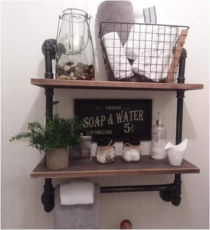 Industrial Pipe Bathroom Shelves Decor Wall Mounted 2 Tiered, Rustic Wood Wall Shelf with Towel Bar, Black Matte Towel Rack, Pipe Floating Shelves Shelving Towel Holder