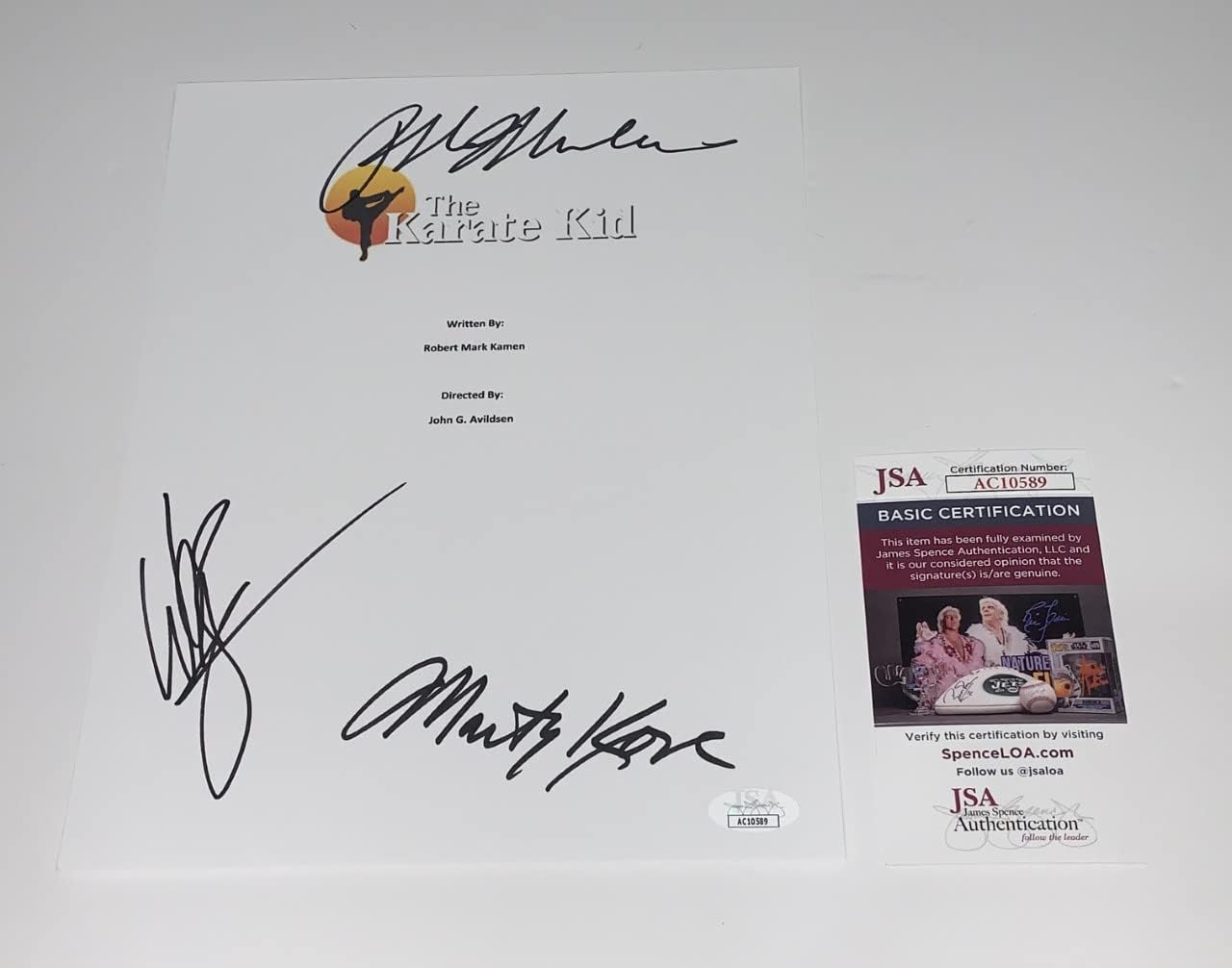 RALPH MACCHIO WILLIAM ZABKA & MARTIN KOVE SIGNED THE KARATE KID MOVIE SCRIPT JSA COA