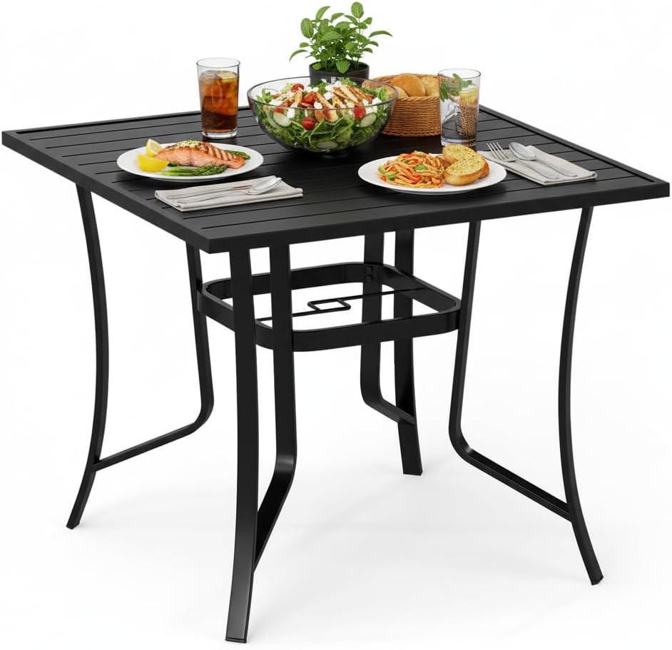 Tangkula 37' Metal Patio Dining Table for 4, Square Heavy Duty Outdoor Dining Table with Umbrella Hole, 4-Person Outside Dining Furniture for Porch, Garden, Balcony and Backyard