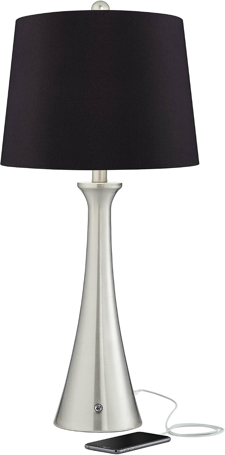 360 Lighting Karl Modern Table Lamps 27.5' Tall Set of 2 with USB and AC Power Outlet in Base Brushed Nickel Metal Black Drum Shade for Living Room Bedroom House Bedside Nightstand Home