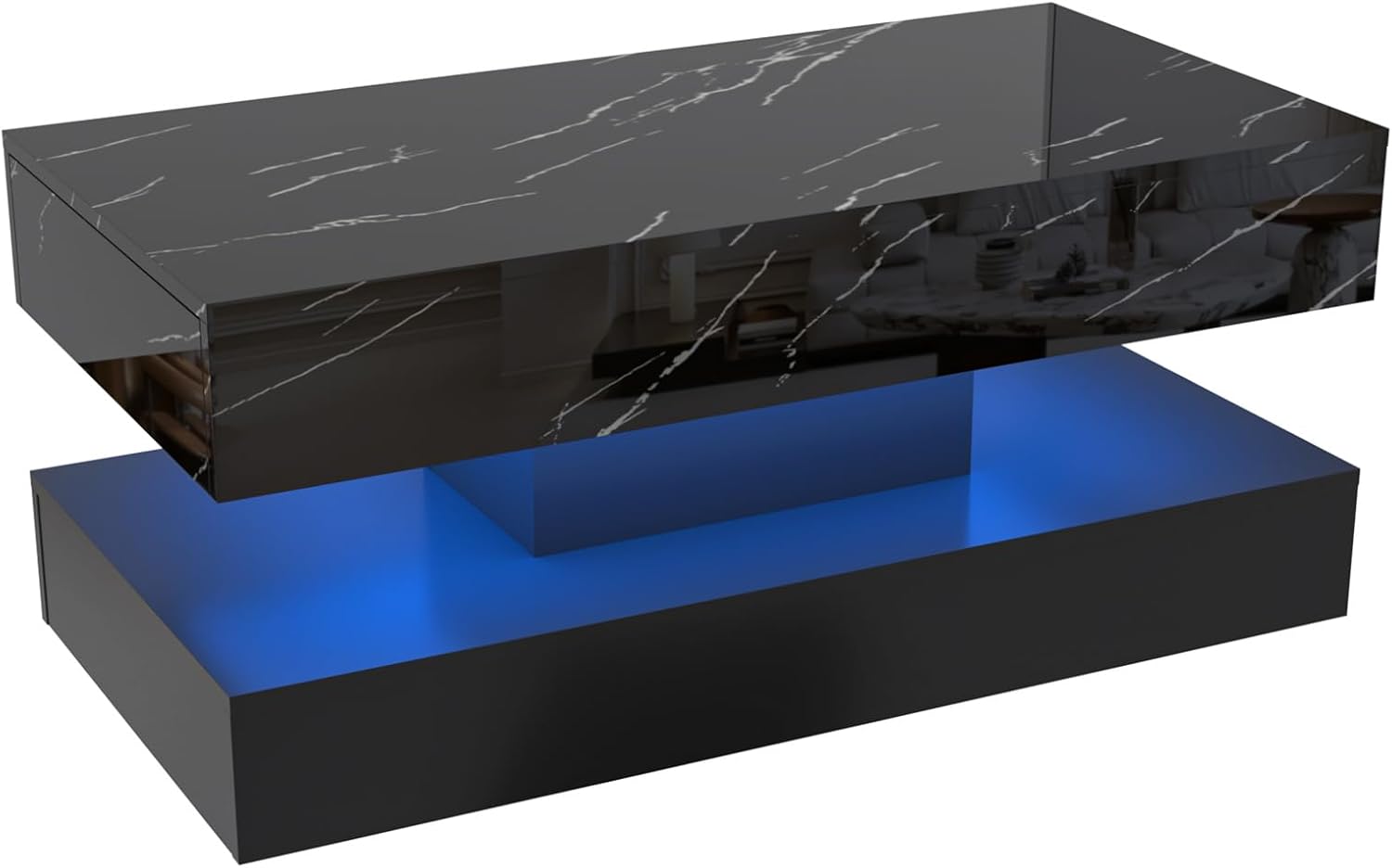 chartustriable 39.4' Large High-Glossy LED Coffee Table with 2 Sliding Drawers, Living Room Storage Coffee Tables with Marbling Print, Modern Stylish Double-Layer Center Tables w/LED Lights, Black