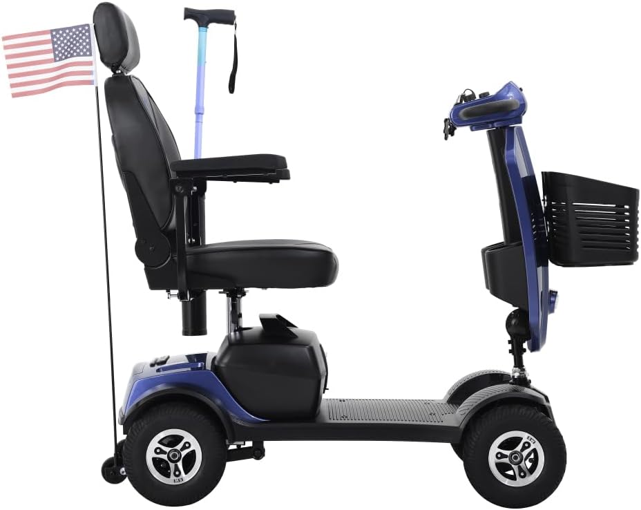 MAX Plus Emerald Outdoor Mobility Scooter - 16 Miles Range, Foldable Design, Anti-Tip Safety System, USB Charger & Cup Holder, 2 * 20AH Battery (300W Motor, 136kg Capacity) (Blue + Metal)