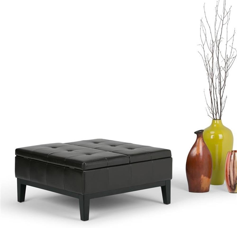 Pemberly Row Mid Century Faux Leather Storage Ottoman with Lift Top, Square Coffee Table for Living Room with Large Storage Space, Dark Brown Button Tufted Upholstered Footrest with Wood Legs
