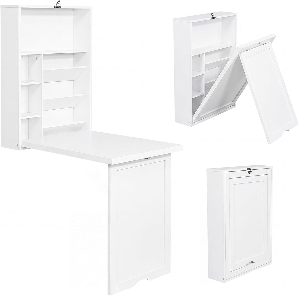 Tangkula Folding Wall Mounted Desk, Convertible Fold Out Floating Table with Storage Shelves, Space-Saving Drop Leaf Table, Murphy Desk for Craft, Study, Small Spaces, Home Office, Dorm, White