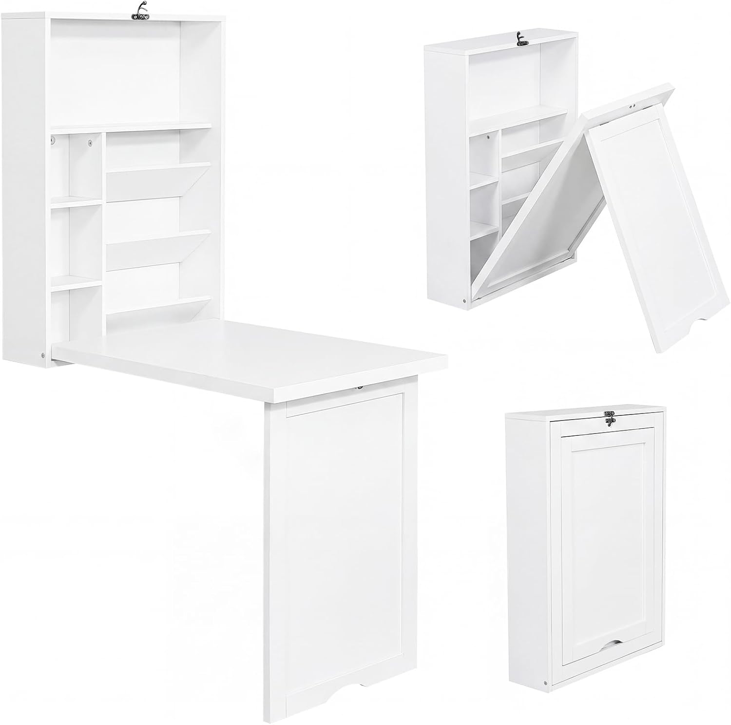 Tangkula Folding Wall Mounted Desk, Convertible Fold Out Floating Table with Storage Shelves, Space-Saving Drop Leaf Table, Murphy Desk for Craft, Study, Small Spaces, Home Office, Dorm, White