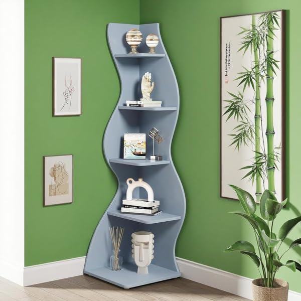 Storage Shelves Unit 5-Tier Shelf, Corner Shelving for Bedroom, Freestanding Decorative Ladder Etagere Organizer, Narrow Bookshelf, Bathroom Storage, Decorative Etagere for Plant Stand (Gray)