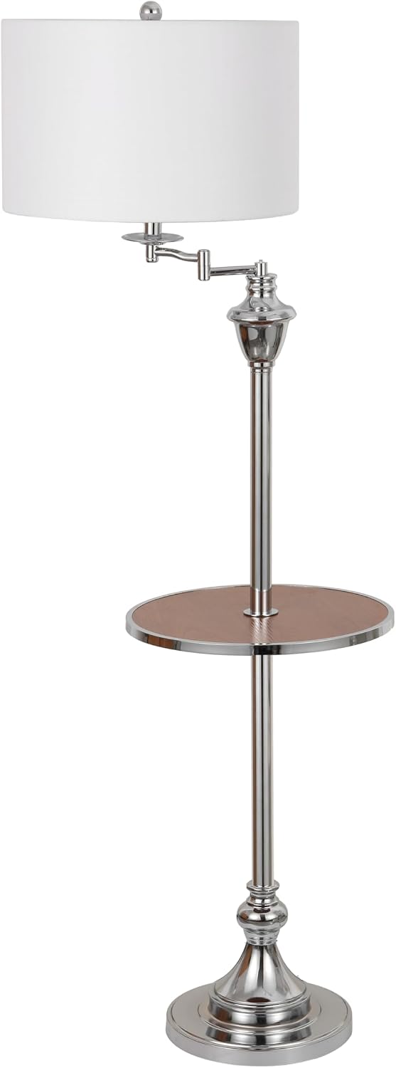 JONATHAN Y 60' Chrome Swing Arm Wood Integrated Side Tray Candlestick Tray Table Floor Lamp Traditional for Living Room Bedroom with White Linen Drum Shade LED Bulb Included JYL3055E