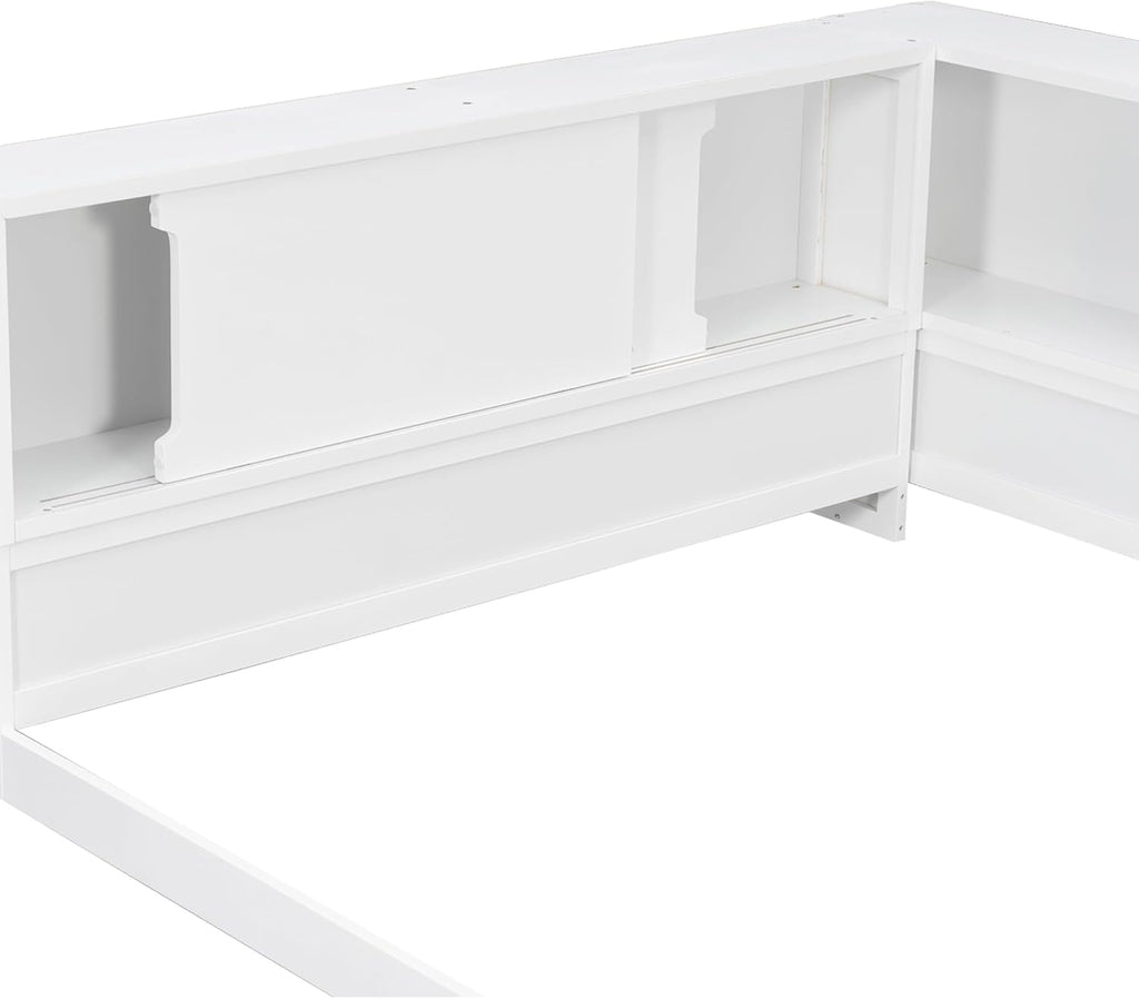 SOFTSEA Queen Size Daybed with Shelves, L-Shape Corner Bed Frame with LED and Storage, Wood Floor Daybed with LED for Kids, Teens & Adults, White