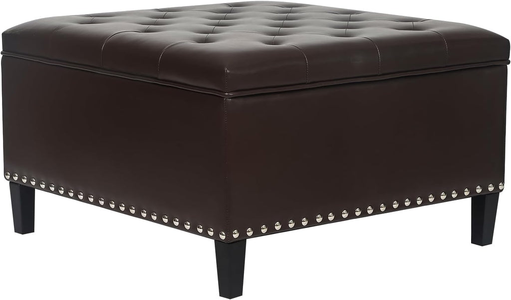 Joveco Storage Ottoman Square Leather Bench, Tufted Large Coffee Table with Wood Legs for Living Room Bedroom Entryway (Dark Brown)