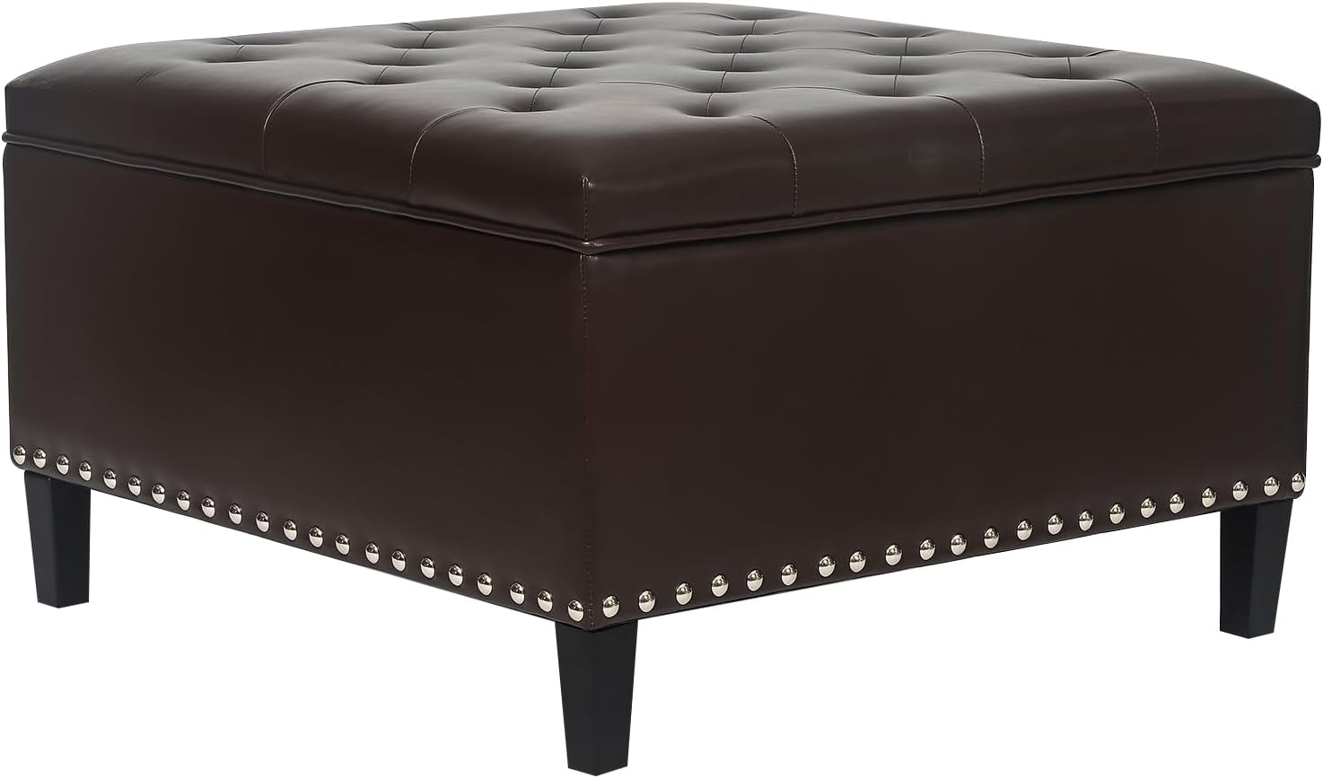 Joveco Storage Ottoman Square Leather Bench, Tufted Large Coffee Table with Wood Legs for Living Room Bedroom Entryway (Dark Brown)