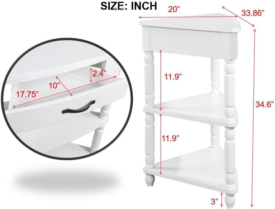 Corner Table for Small Spaces, 3-Tier Triangle End Side Table with Drawer, Space-Saving with Wood Legs for Living Room, Bedroom, Apartment, 34 Inch, Easy Assembly, Milk White