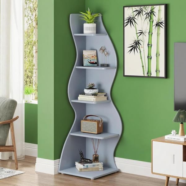 Storage Shelves Unit 5-Tier Shelf, Corner Shelving for Bedroom, Freestanding Decorative Ladder Etagere Organizer, Narrow Bookshelf, Bathroom Storage, Decorative Etagere for Plant Stand (Gray)