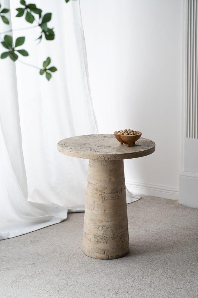 WILLIAMSPACE 22' Cream Round End Table Side Table for Living Room, Modern Magnesium Oxide Stone Small Coffee Table with Pedestal Base, 22'x22'x25.5'H (Cream)