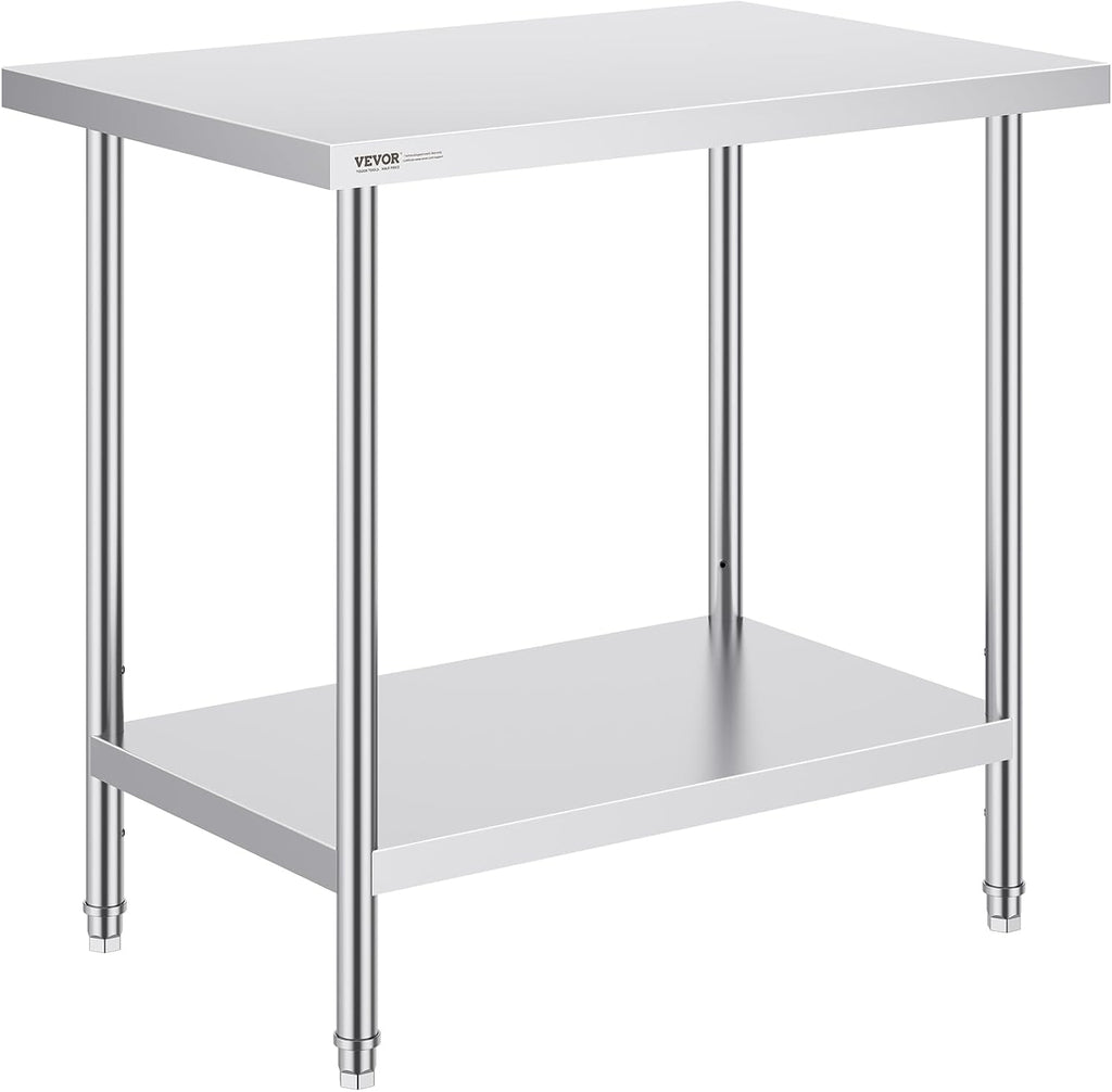 VEVOR Stainless Steel Prep Table, 24 x 36 x 34 Inch, 750 lbs Load Capacity, Heavy Duty Metal Worktable with 3 Adjustable Height Levels, Commercial Workstation for Kitchen Garage Restaurant Backyard