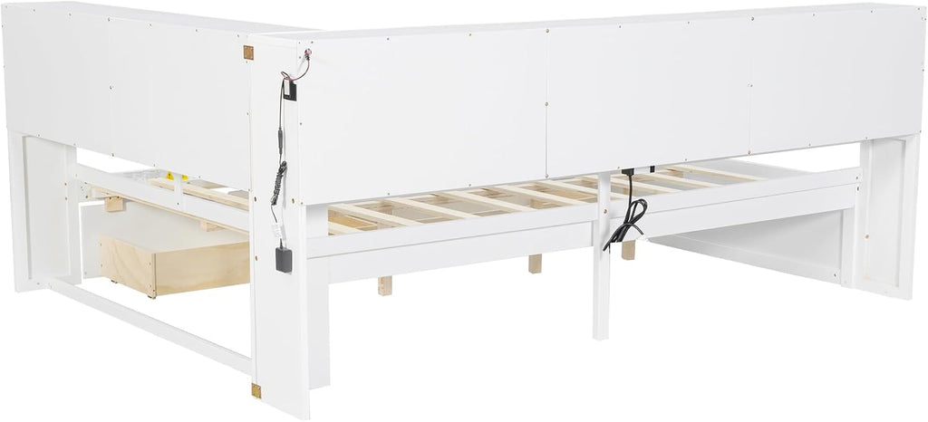 RuiSiSi Queen Size L-Shaped Daybed Frame with Drawers and LED Lights, Corner Day Bed with Storage Bookcase and Charging Station for Living Room or Guestroom, White