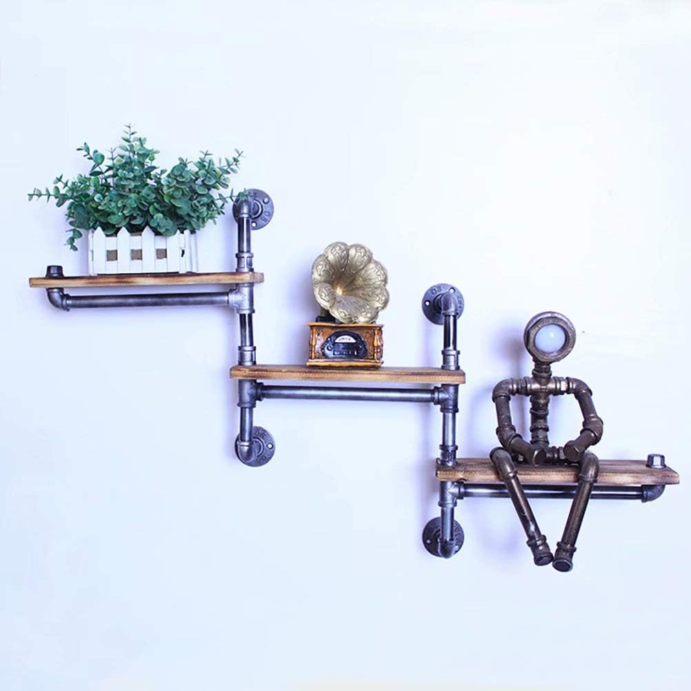 Wall Mounted Towel Rail & 3-Tier Iron Pipe and Wood Bathroom Shelf - Floating Utility Storage with Bar Stylish Trapezoidal Design for Modern Home Décor