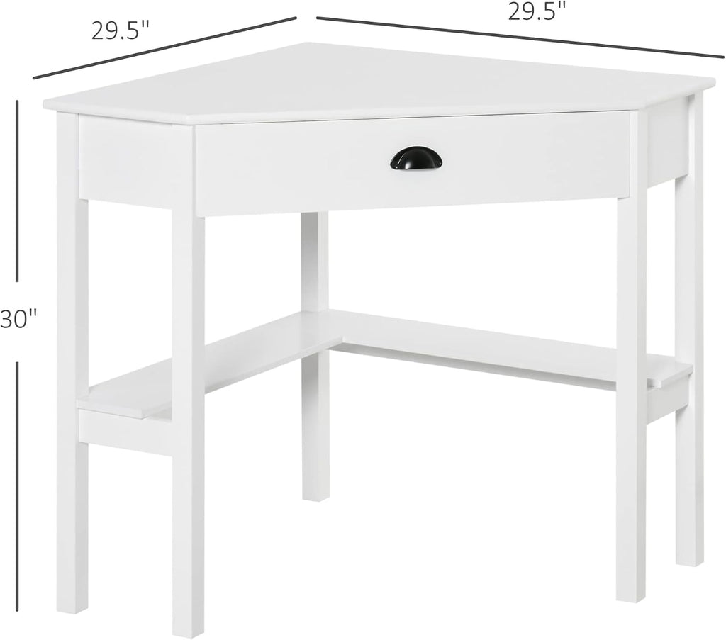 HOMCOM Corner Desk, Triangle Computer Desk with Drawer and Storage Shelves for Small Spaces, Home Office Workstation for Living Room, or Bedroom, White