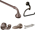 Bundle of Moen Eva Collection Oil Rubbed Bronze 24' Towel Bar, YB2824ORB, Toilet Paper Holder, YB2808ORB, Single Robe Hook, YB2803ORB, Towel Shelf, YB2894ORB, and Toilet Tank Lever, YB2801ORB