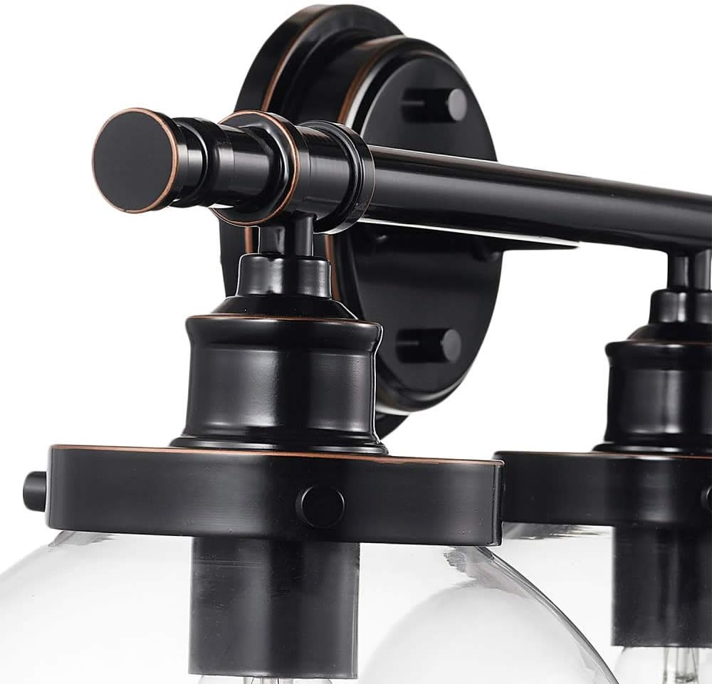 Globe Electric 51523 5-Piece All-in-One Bathroom Set, Oil Rubbed Bronze, 3-Light Vanity Light & Bulbs, Glass Shades, Towel Bar, Toilet Paper Holder, Towel Ring, Robe Hook, Bathroom Lights Over Mirror
