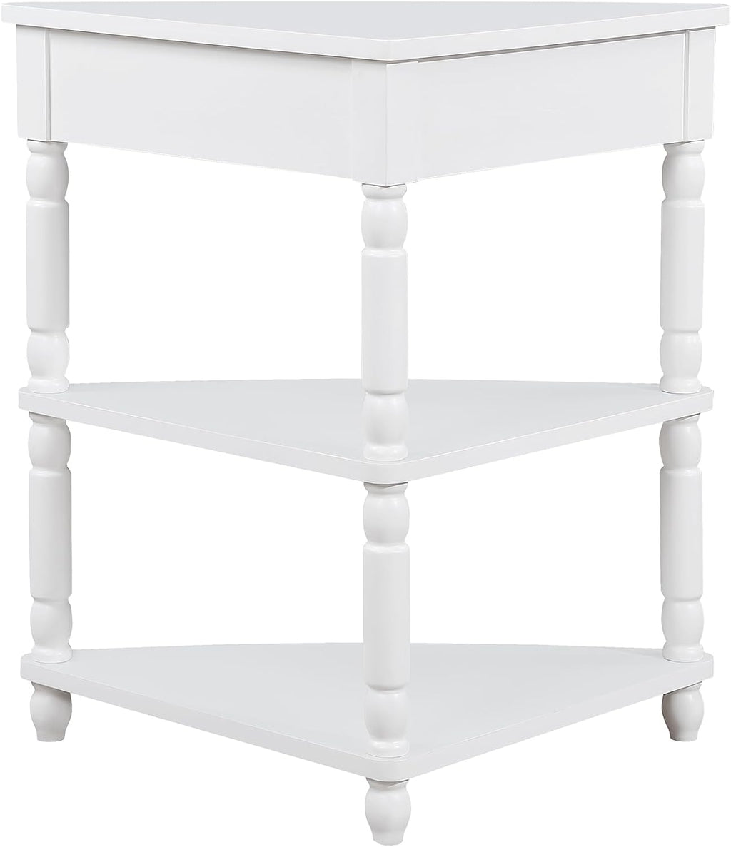 Corner Table for Small Spaces, 3-Tier Triangle End Side Table with Drawer, Space-Saving with Wood Legs for Living Room, Bedroom, Apartment, 34 Inch, Easy Assembly, Milk White