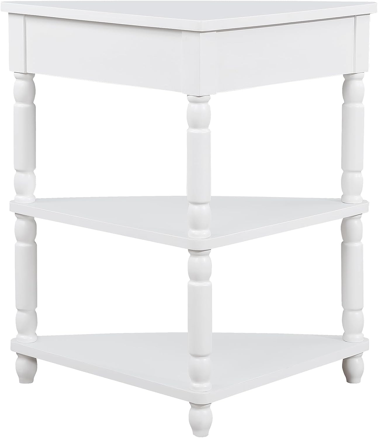 Corner Table for Small Spaces, 3-Tier Triangle End Side Table with Drawer, Space-Saving with Wood Legs for Living Room, Bedroom, Apartment, 34 Inch, Easy Assembly, Milk White