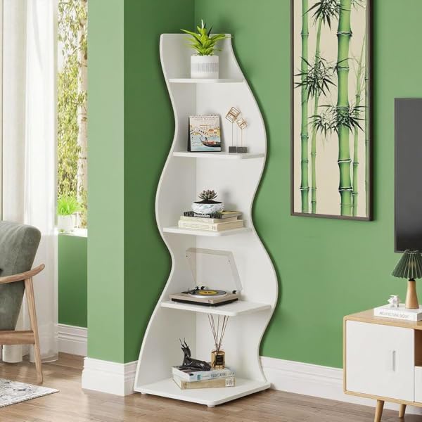 Storage Shelves Unit 5-Tier Shelf, Corner Shelving for Bedroom, Freestanding Decorative Ladder Etagere Organizer, Narrow Bookshelf, Bathroom Storage, Decorative Etagere for Plant Stand (White)