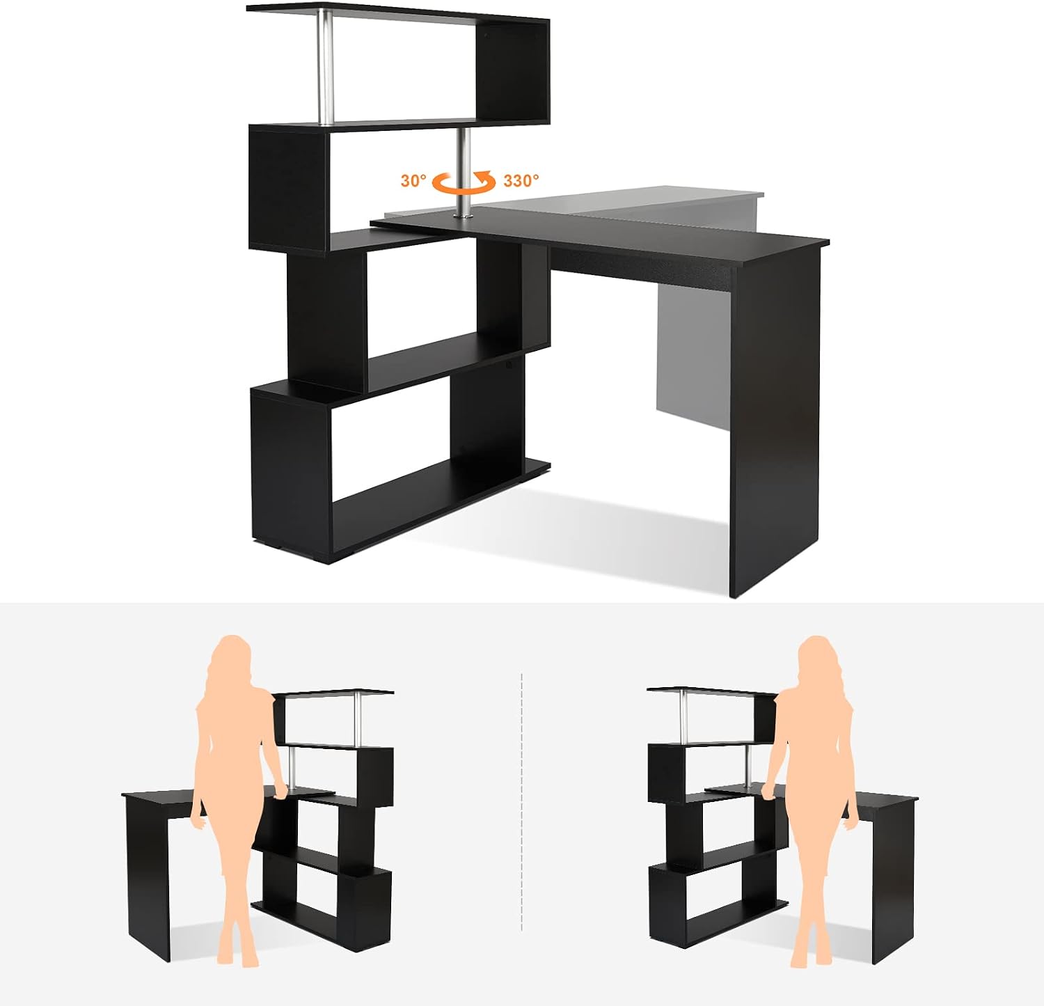 Mondeer 41.7' L Shaped Desk with 4-Tier Storage Shelves, Computer Corner Desk for Study Home Office Living Room (Black)