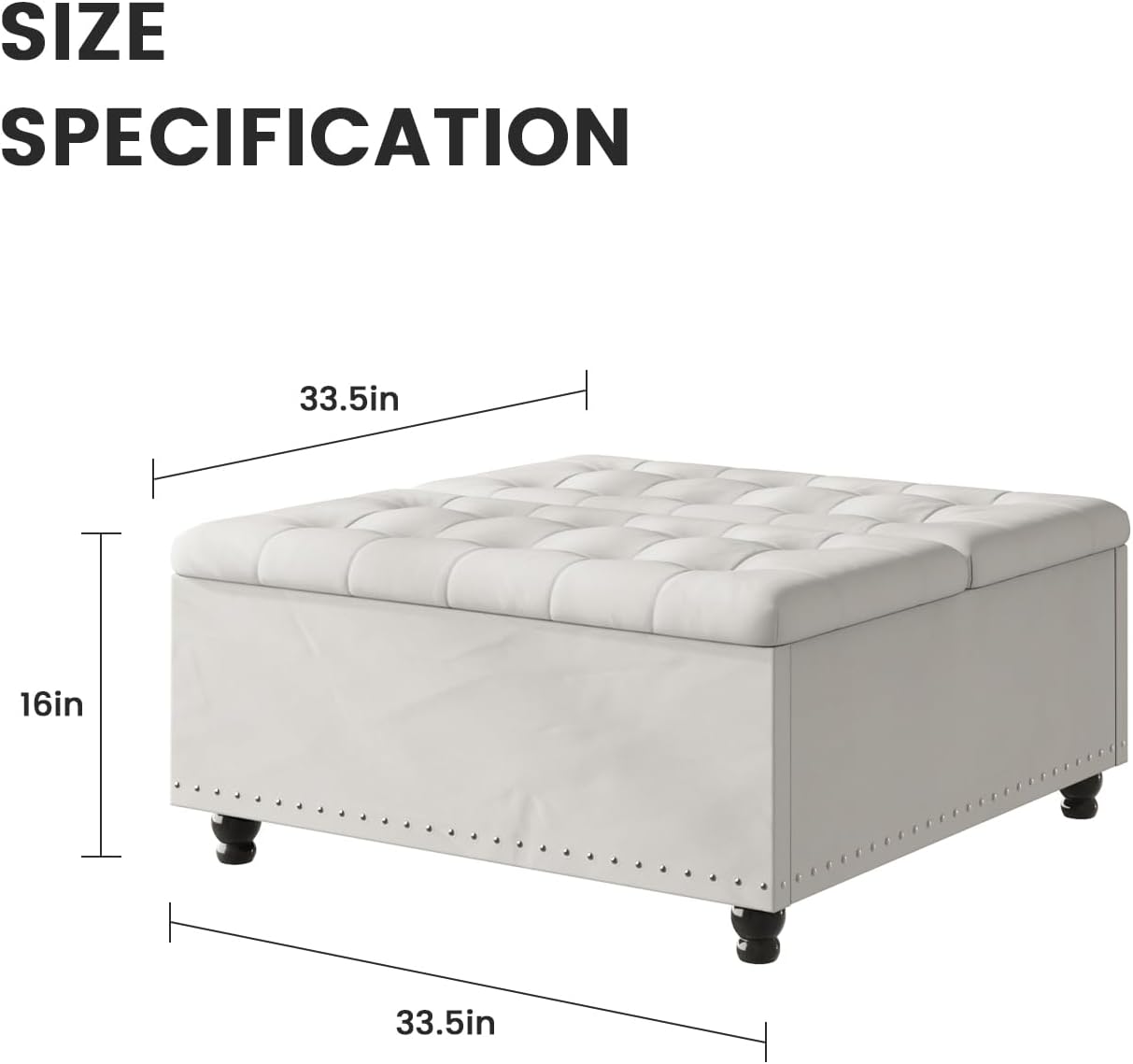 FUXA 35 Inch Large Square Ottoman with Storage, Oversized Ottoman Coffee Table with Lift Top and Wood Legs, Tufted Upholstered Storage Ottoman Bench for Living Room (Beige)
