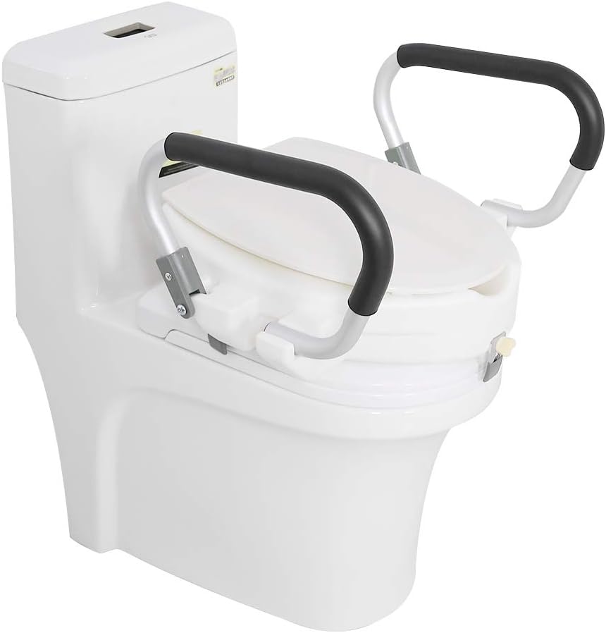 Elevated Raised Toilet Seat, Removable Padded Arms 10cm Height Adjustable Disability Aid, White Toilet Seat for Elderly & Pregnant Women, 40x43.5x10cm